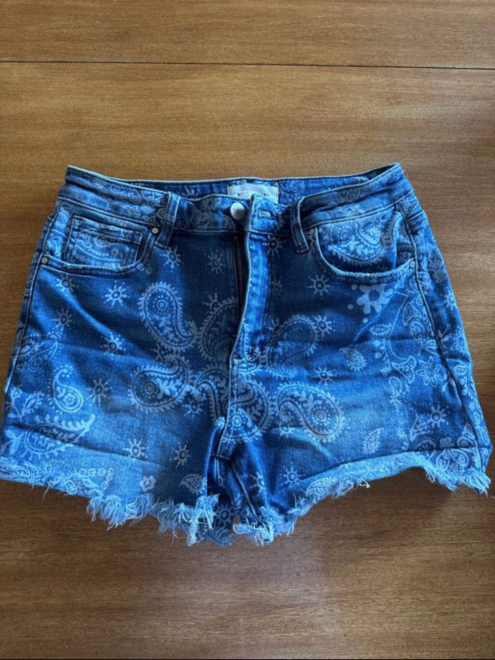 Paisley Print Blue Denim Jean Shorts with Frayed Hem